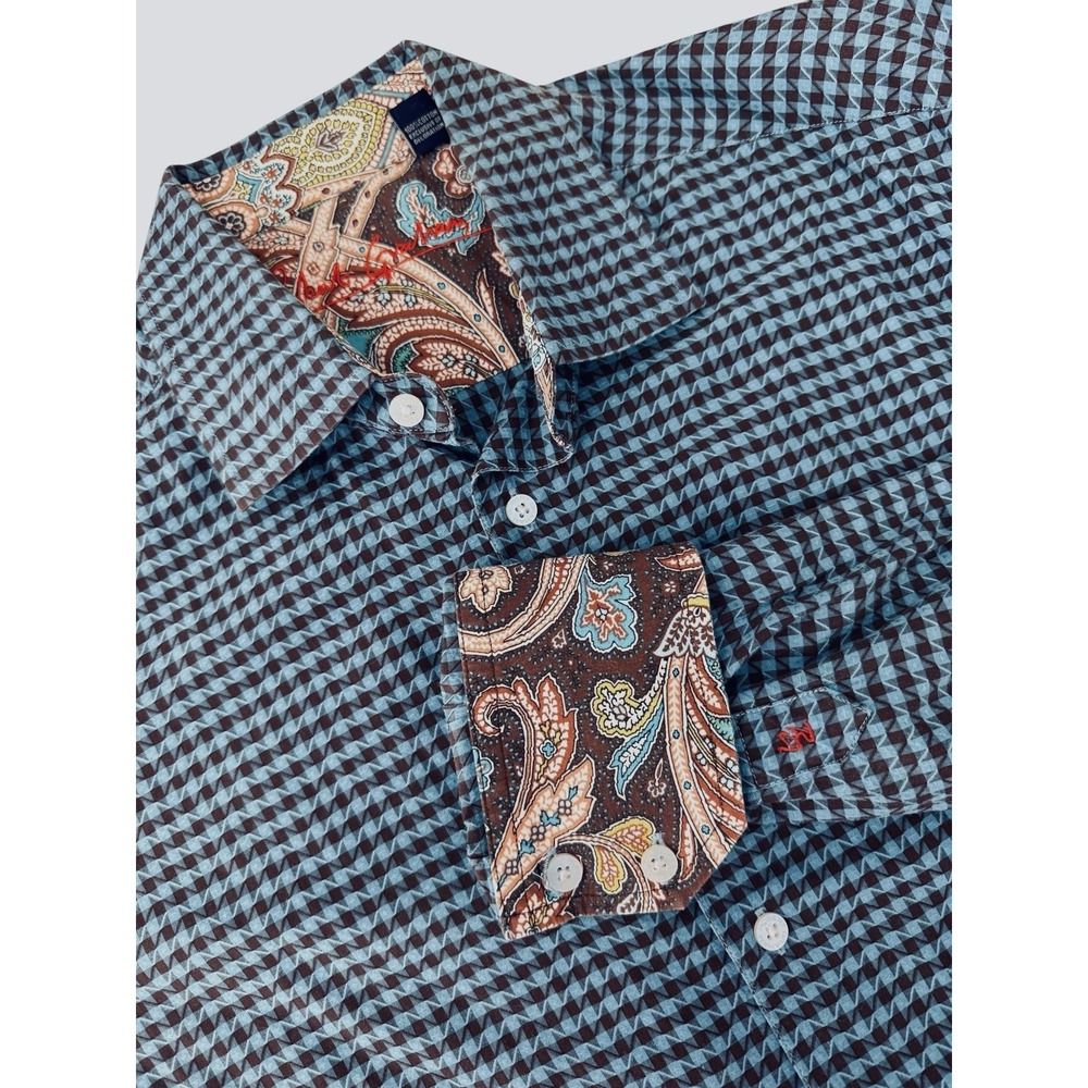 ROBERT GRAHAM Mens Shirt L Teal Geometric Paisley Flip‎ Cuff Luxury Button